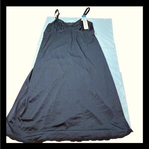 NEW BLACK Nylon Full Slip DRESS, SHADOWLINE 36/30" adjustable Straps Lace 1990s